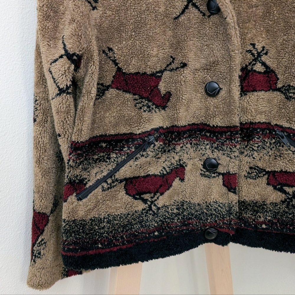 Vintage 90's Equestrian Collared Button Down Fleece Jacket In Tan/Black/Burgundy - Picture 6 of 11